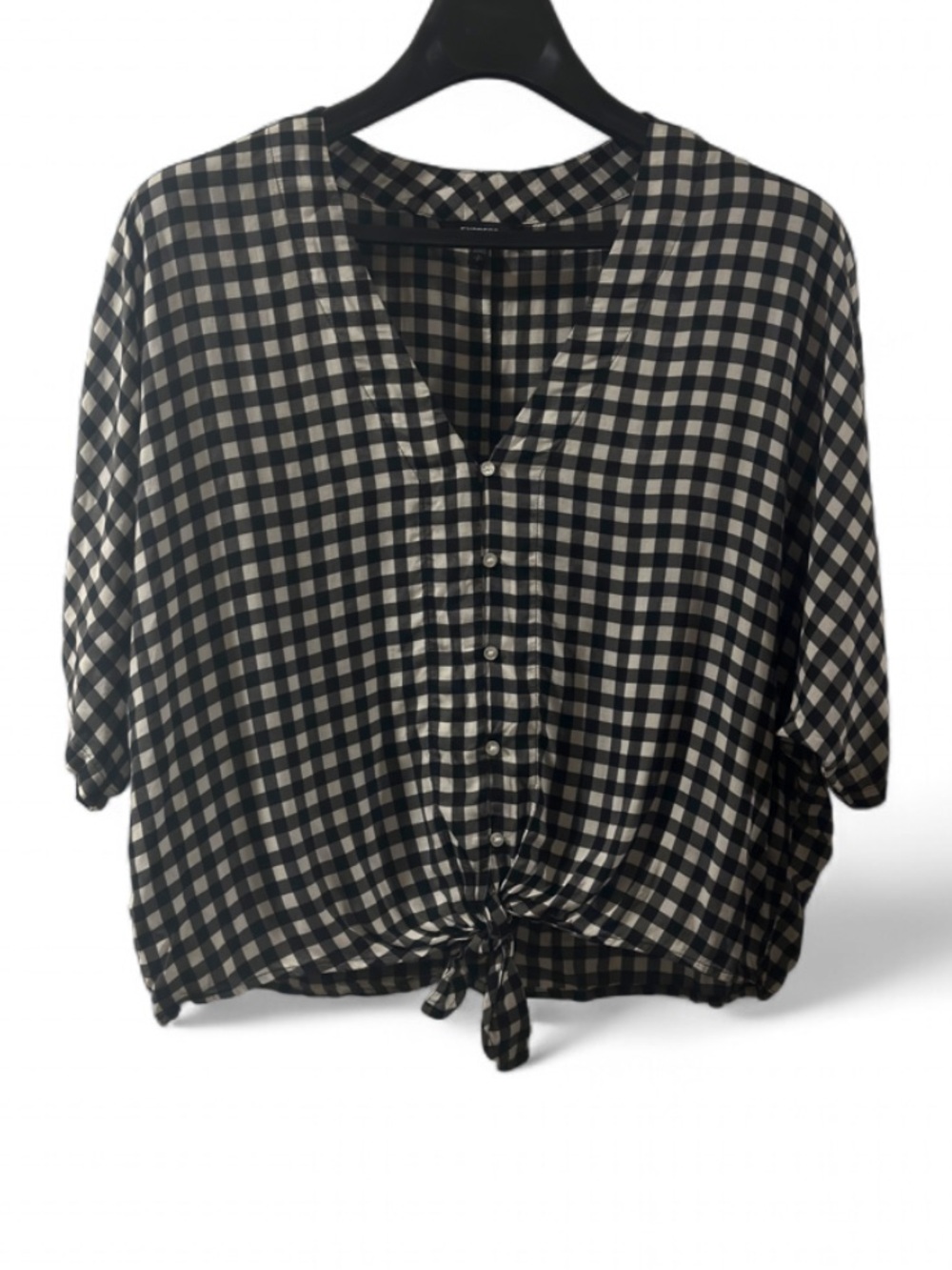 Express Black/White Gingham Flowy Button Shirt with Tie-Front Blouse Size Small